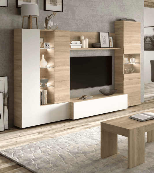 Mora White Gloss and Oak Large TV Media Wall Unit