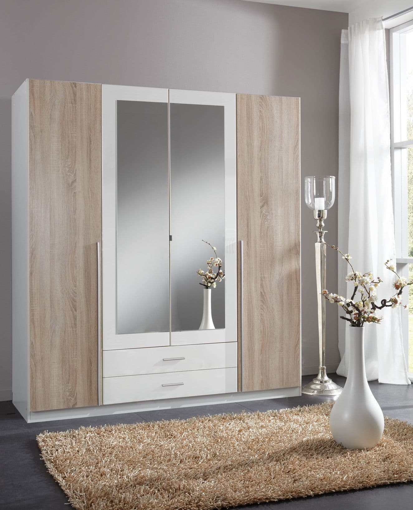 Artoak White and Oak Effect 4 Door 2 Draw Wardrobe