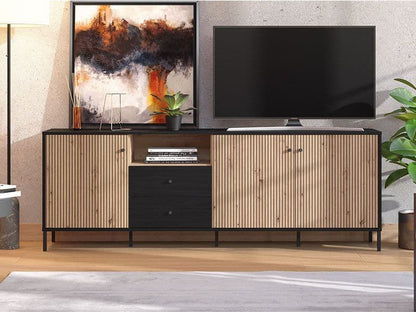 Cliff Slatted Artisan Oak Effect And Black TV Unit