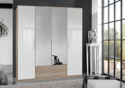 Oaken White Gloss and Oak Effect 4 Door Wardrobe